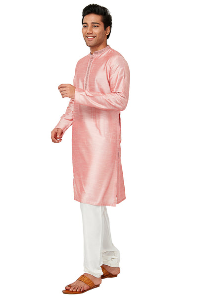 Men's pink embroidered cotton knee-length kurta style 3, alternate front view.