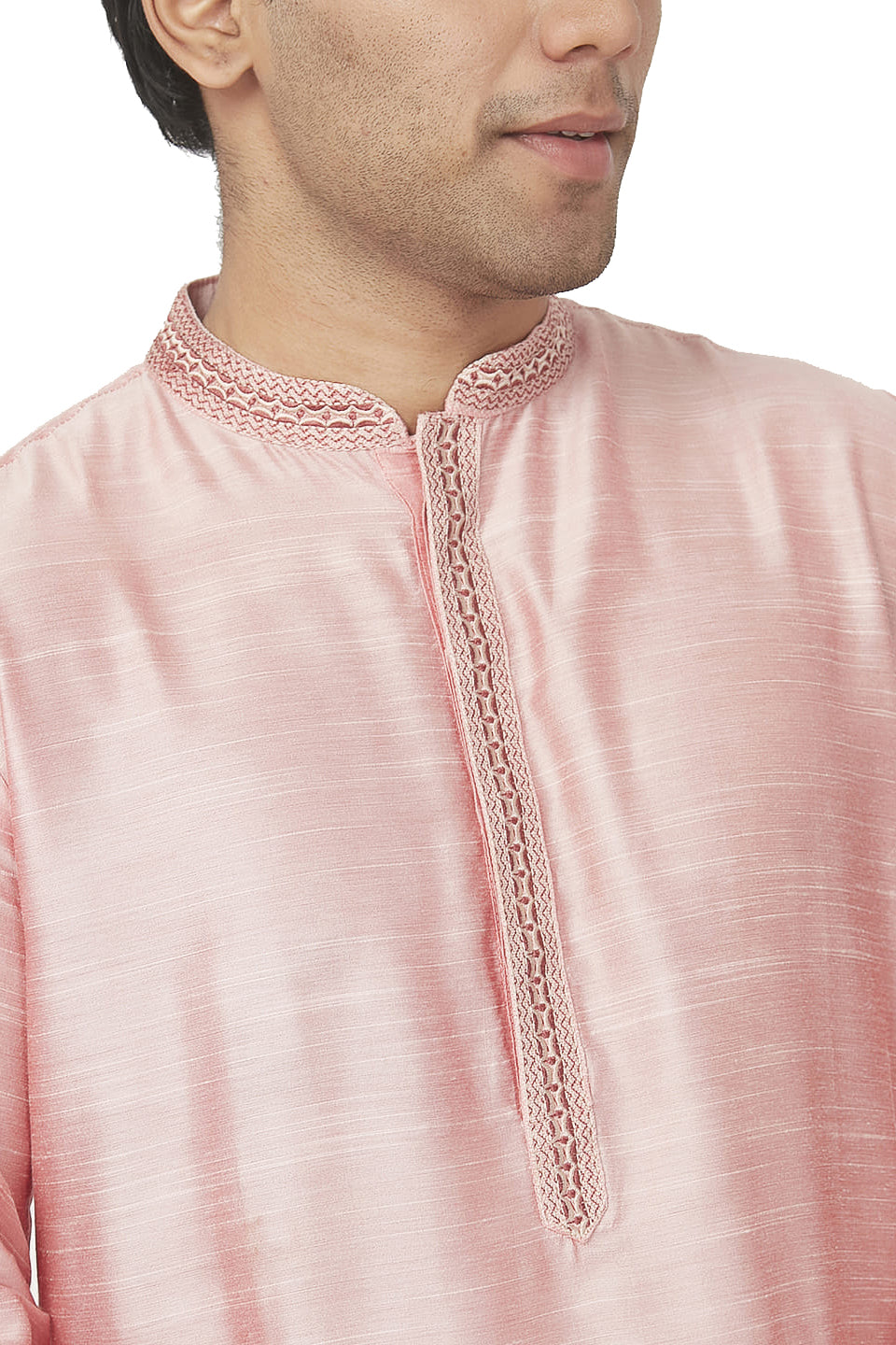 Men's pink embroidered cotton knee-length kurta style 3, alternate side view.