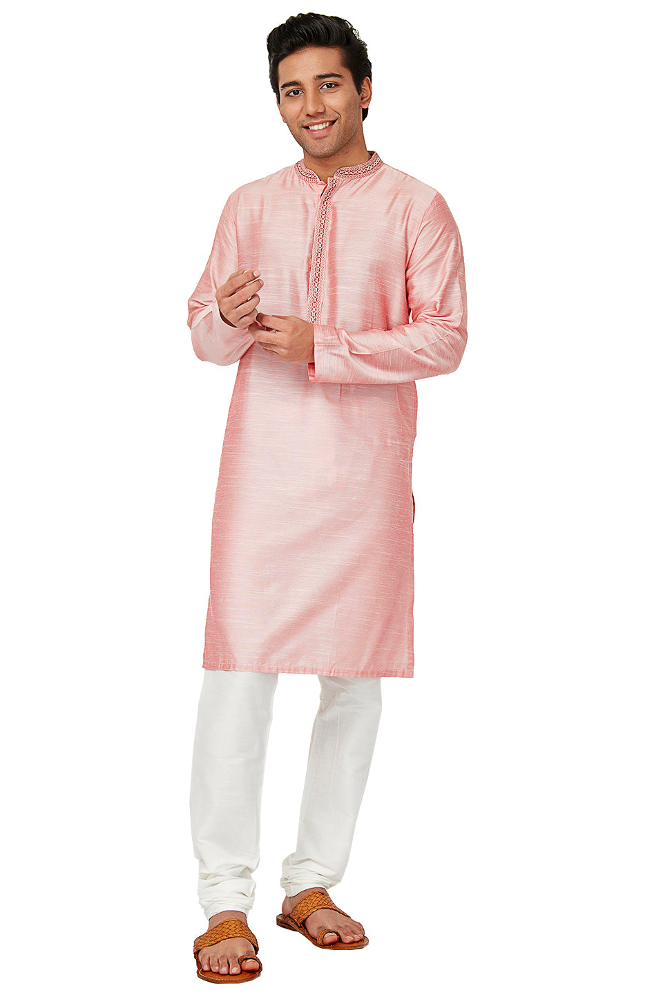 Men's pink embroidered cotton knee-length kurta style 3, back view.