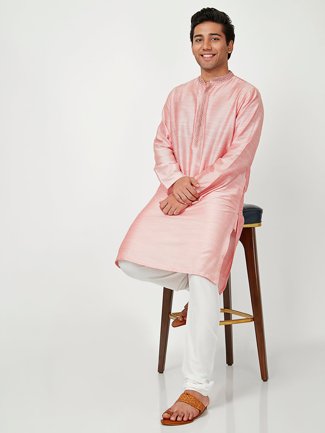 Men's pink embroidered cotton knee-length kurta style 3, close-up detail.