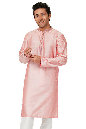 Men's pink embroidered cotton knee-length kurta style 3, front view.