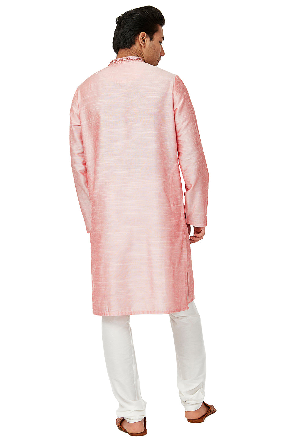 Men's pink embroidered cotton knee-length kurta style 3, side view.