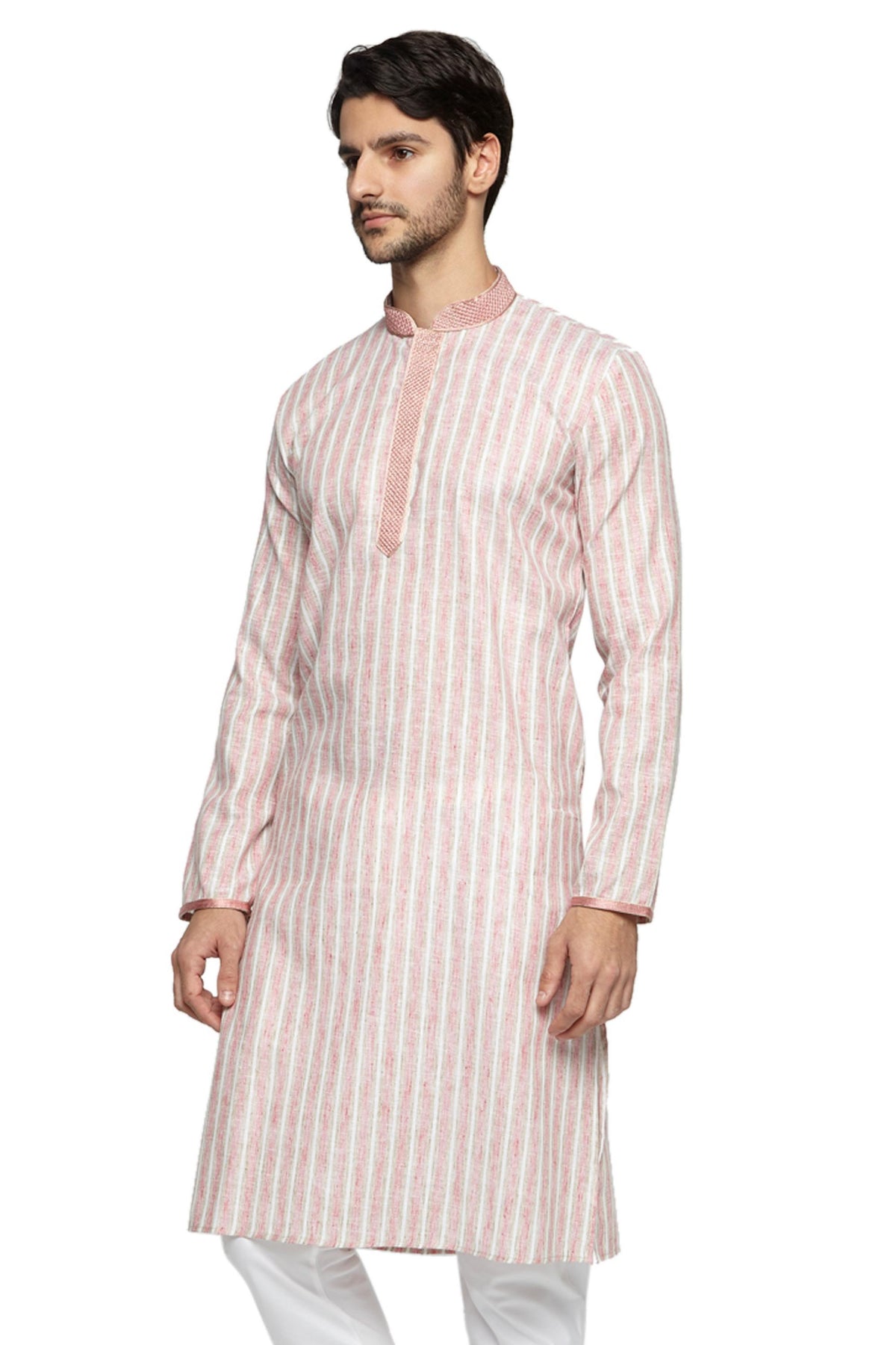 Men's pink embroidered knee-length kurta, alternate front view.