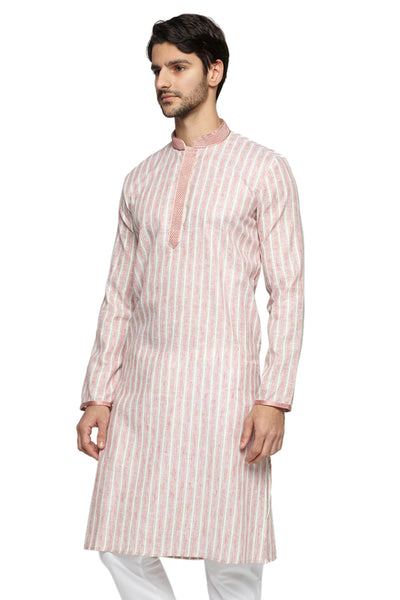 Men's pink embroidered knee-length kurta, alternate front view.