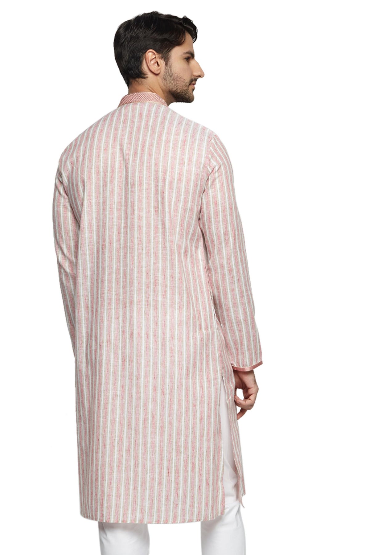 Men's pink embroidered knee-length kurta, alternate side view.