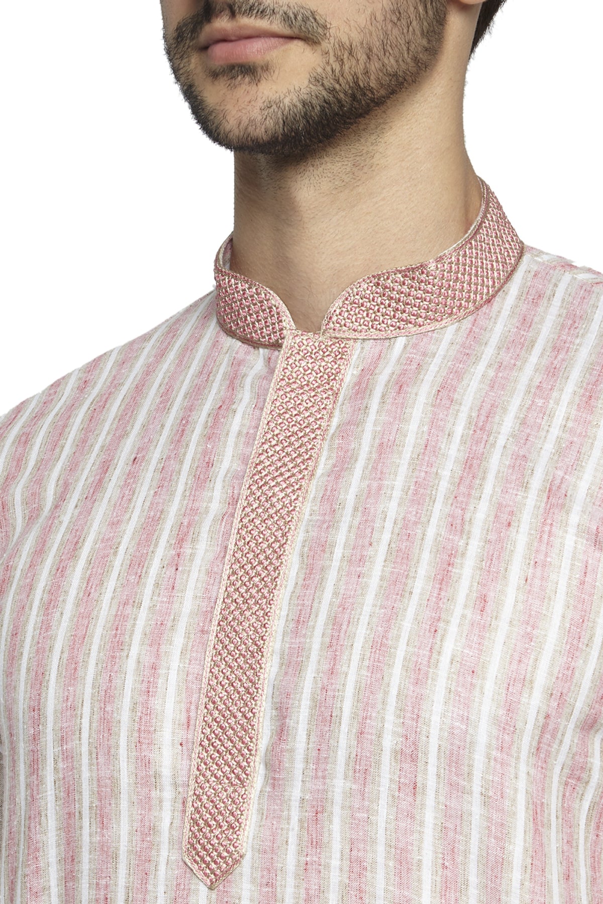 Men's pink embroidered knee-length kurta, back view.
