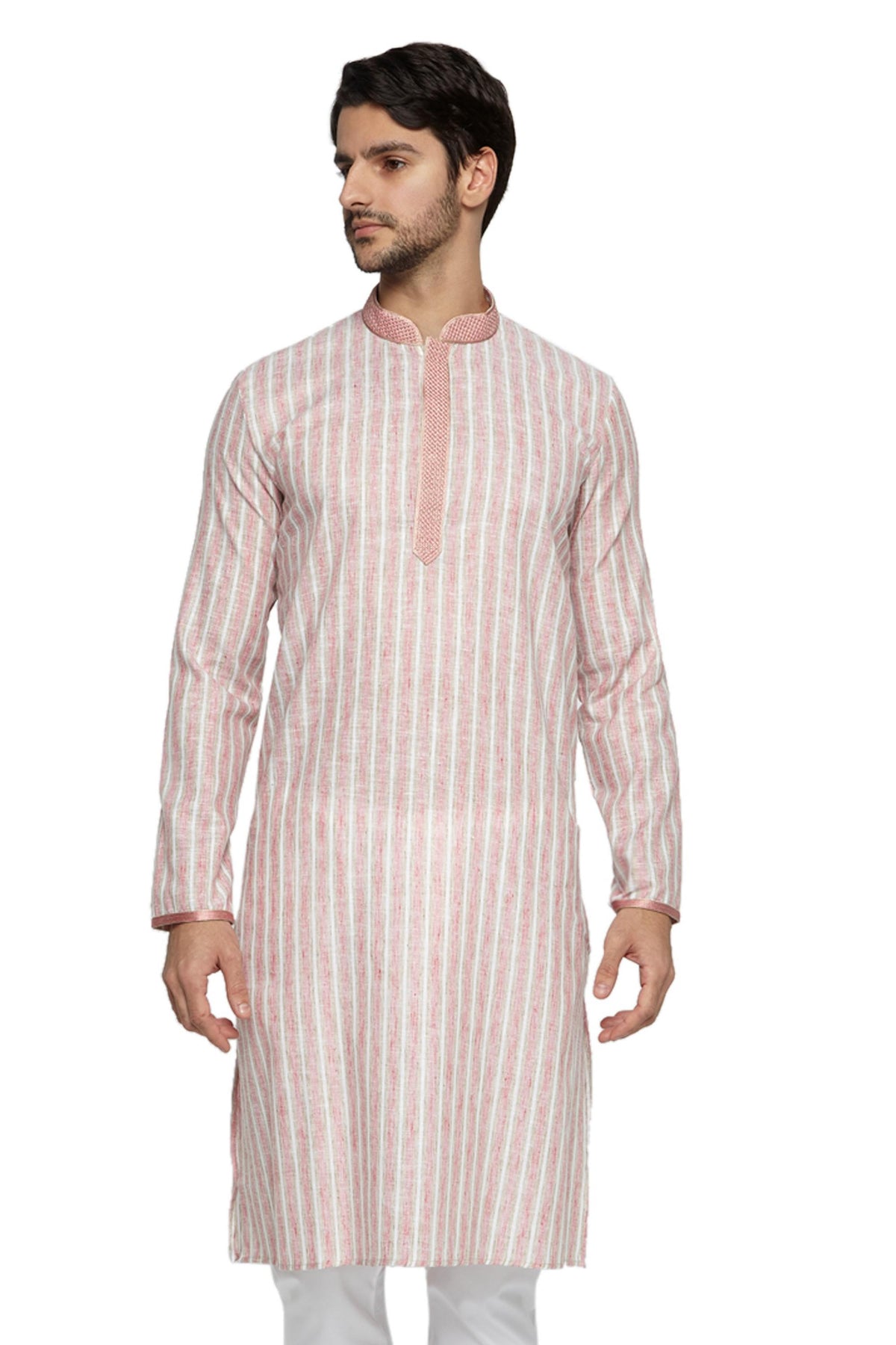 Men's pink embroidered knee-length kurta, front view.
