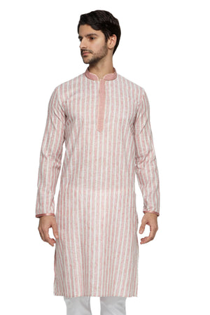 Men's pink embroidered knee-length kurta, front view.