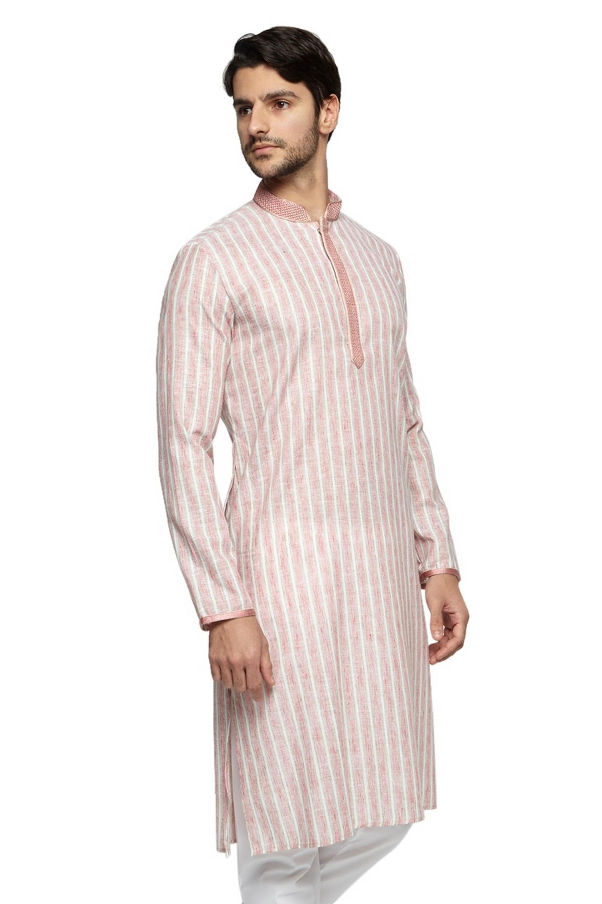 Men's pink embroidered knee-length kurta, side view.