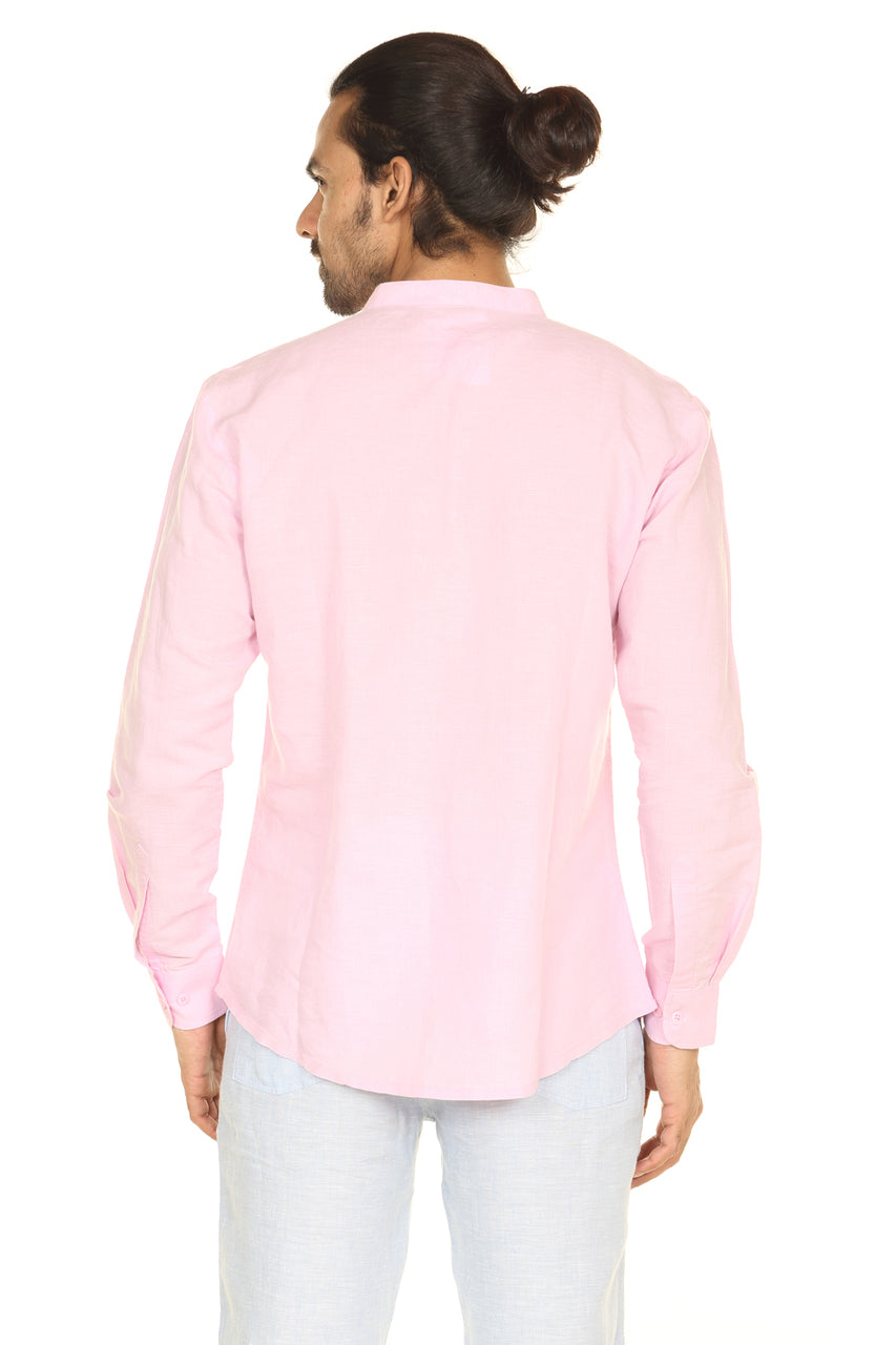Men's pink linen-cotton mandarin collar knee-length kurta, alternate front view.