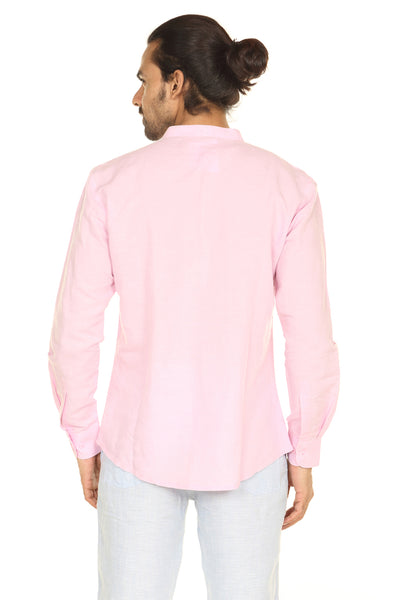 Men's pink linen-cotton mandarin collar knee-length kurta, alternate front view.