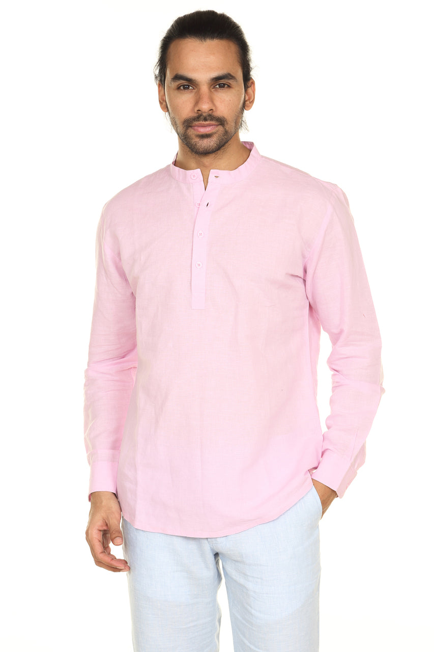 Men's pink linen-cotton mandarin collar knee-length kurta, front view.