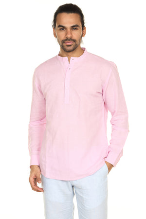 Men's pink linen-cotton mandarin collar knee-length kurta, front view.