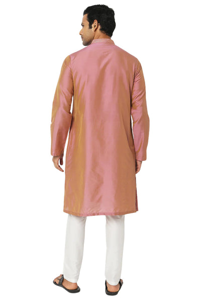 Men's pink pin-stripe knee-length kurta, alternate front view.