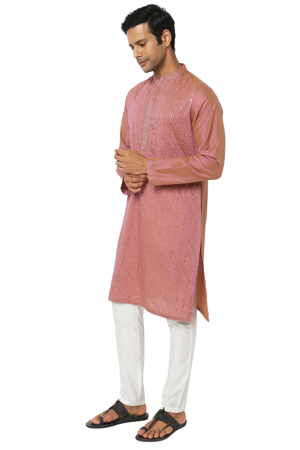 Men's pink pin-stripe knee-length kurta, alternate side view.