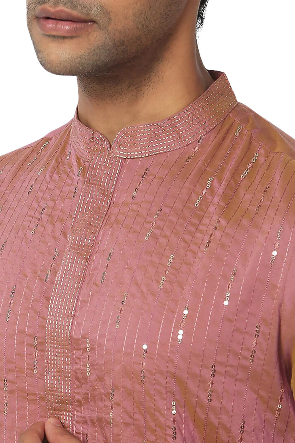 Men's pink pin-stripe knee-length kurta, back view.