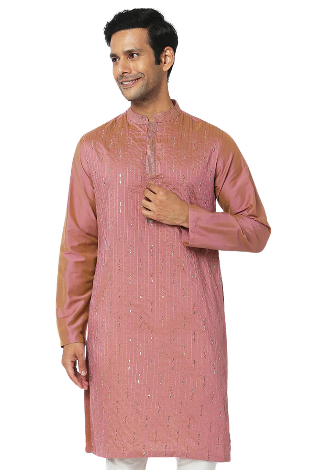 Men's pink pin-stripe knee-length kurta, front view.