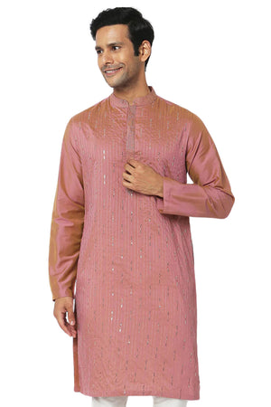 Men's pink pin-stripe knee-length kurta, front view.