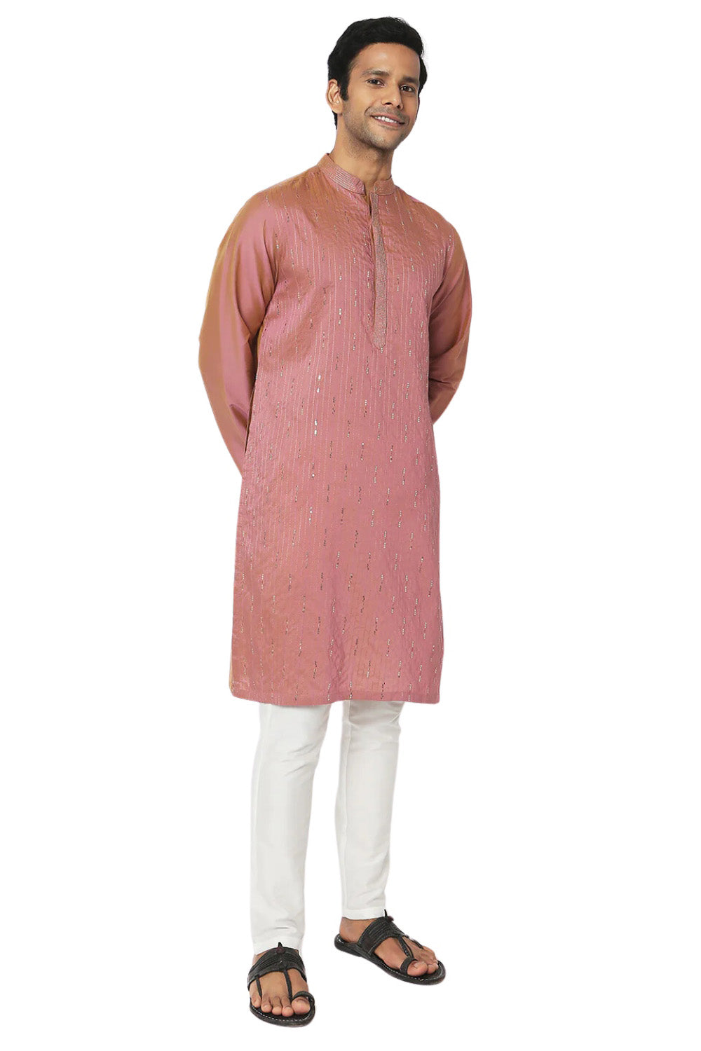 Men's pink pin-stripe knee-length kurta, side view.
