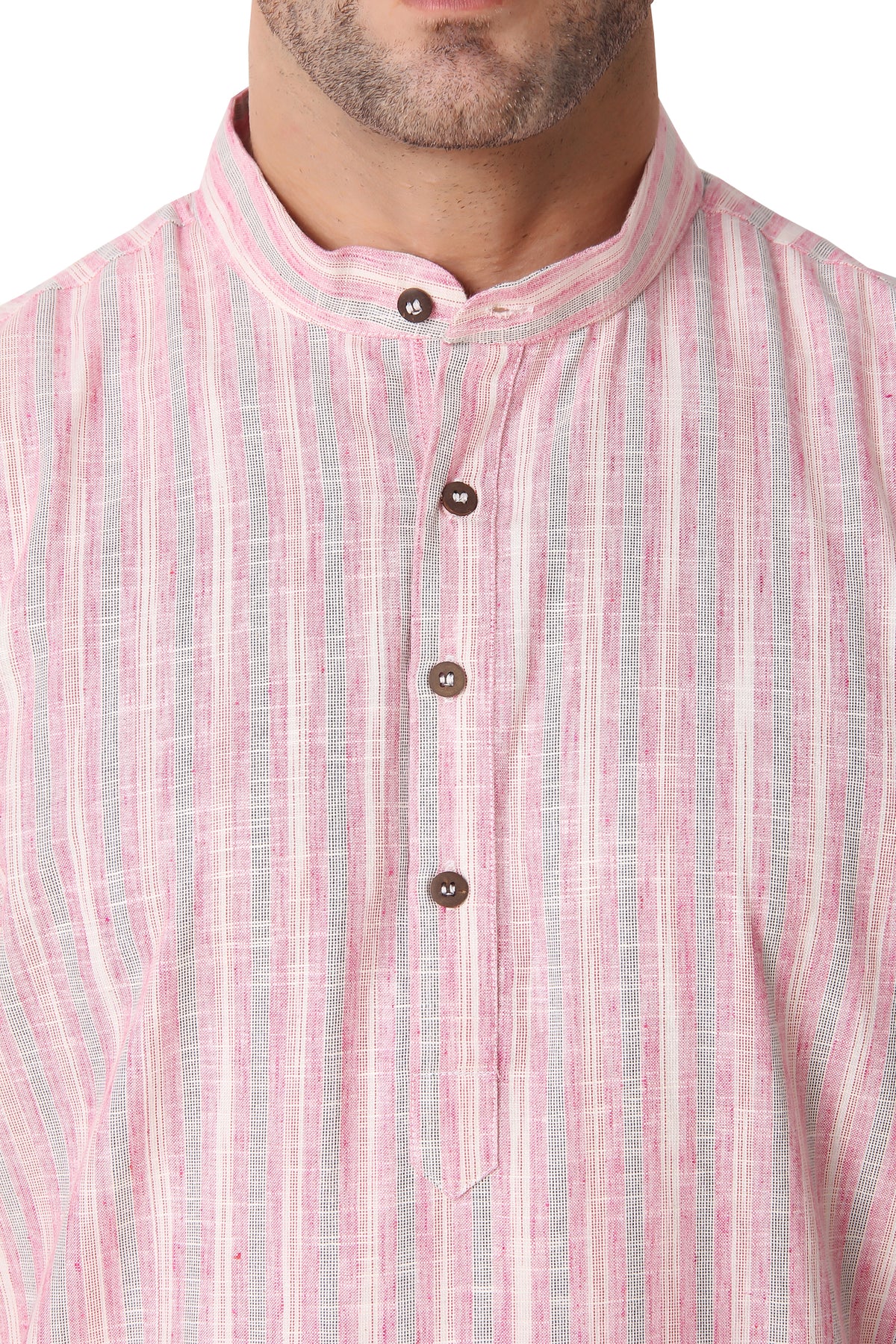 Men's pink striped cotton band collar knee-length kurta, additional product detail.