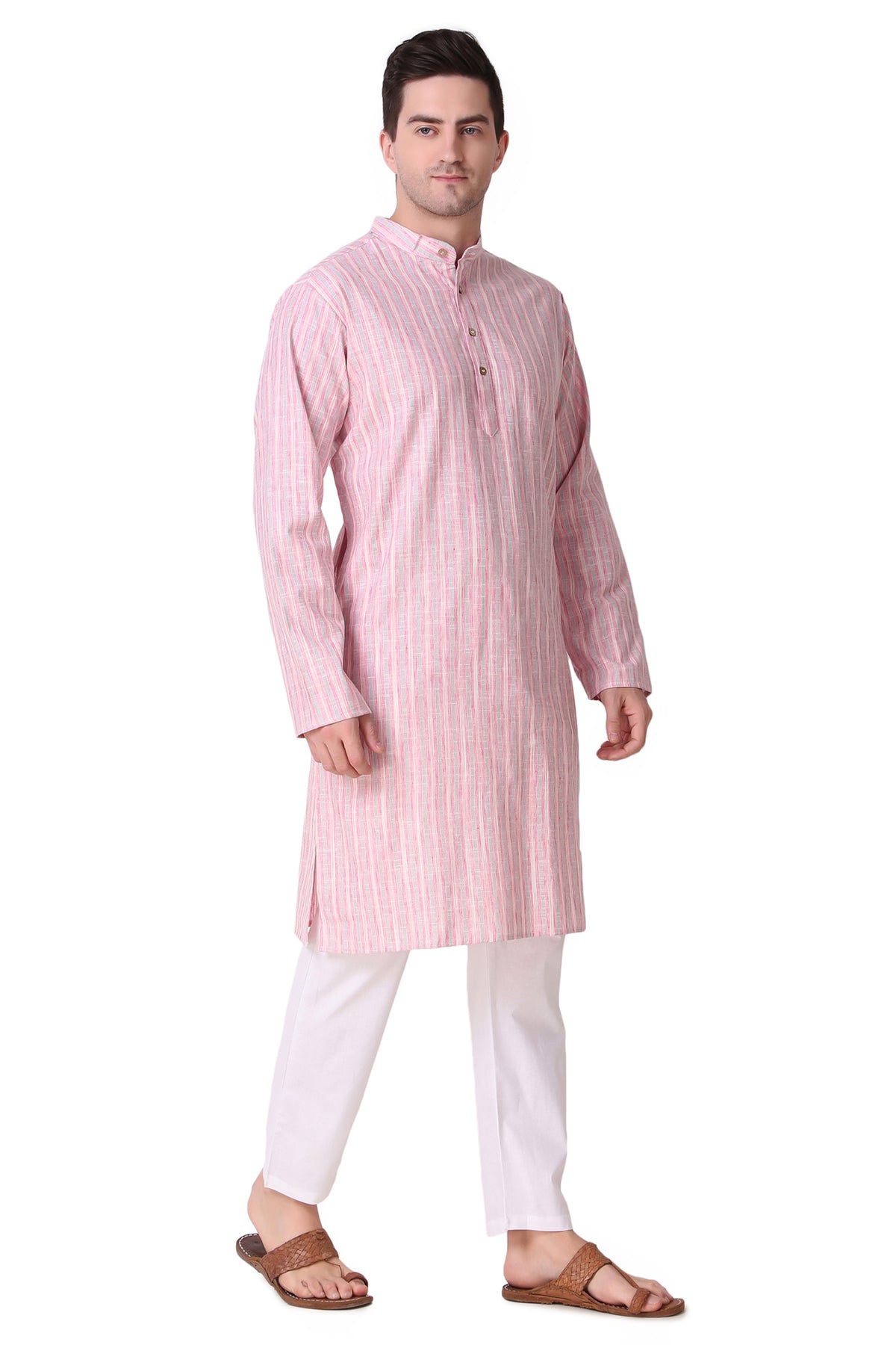 Men's pink striped cotton band collar knee-length kurta, alternate front view.