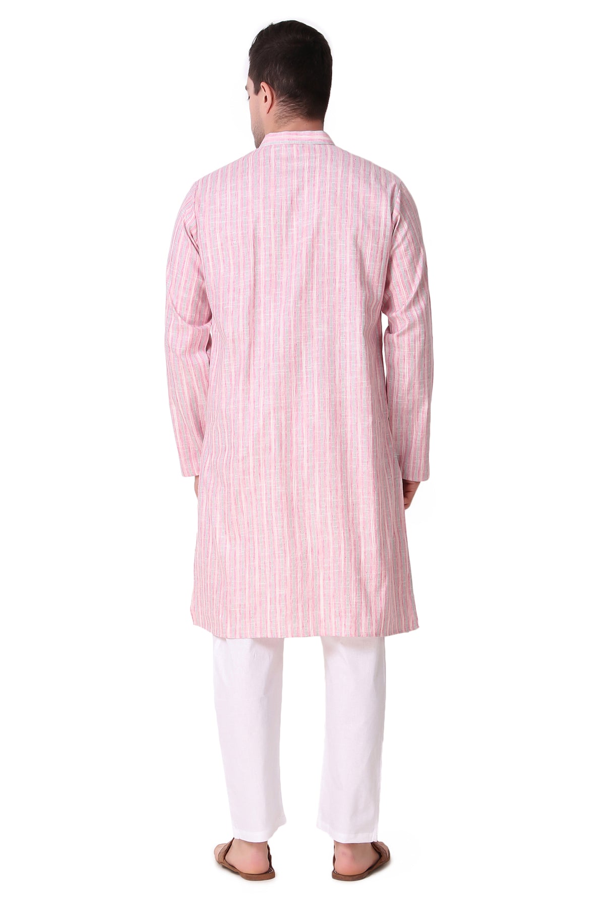 Men's pink striped cotton band collar knee-length kurta, alternate side view.