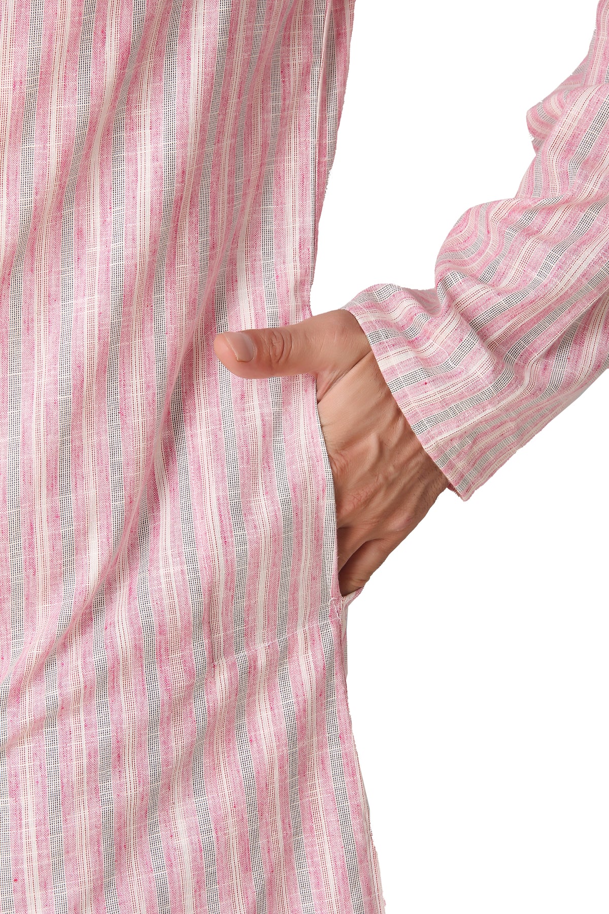 Men's pink striped cotton band collar knee-length kurta, alternate product view.