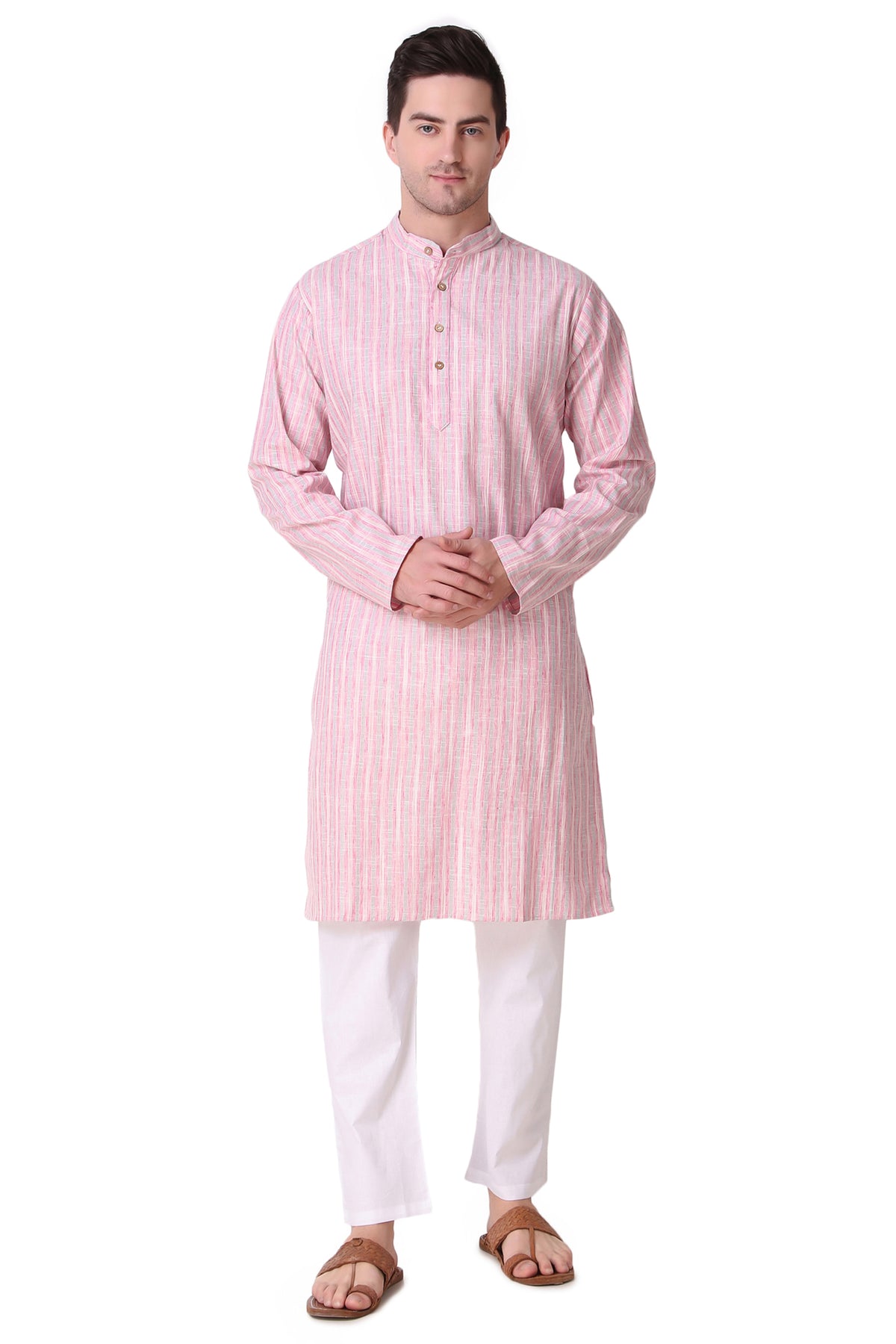 Men's pink striped cotton band collar knee-length kurta, back view.