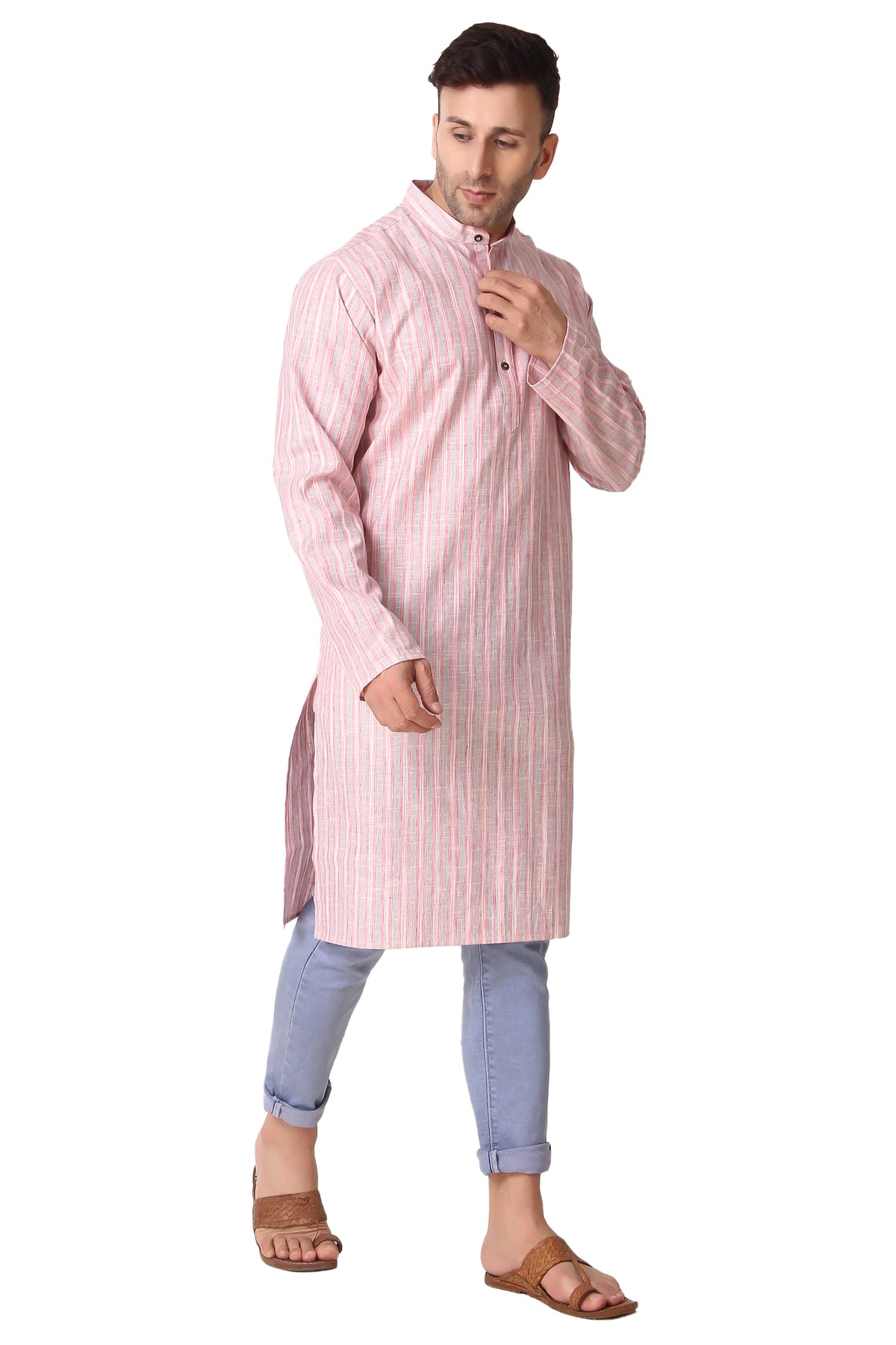 Men's pink striped cotton band collar knee-length kurta, close-up detail.