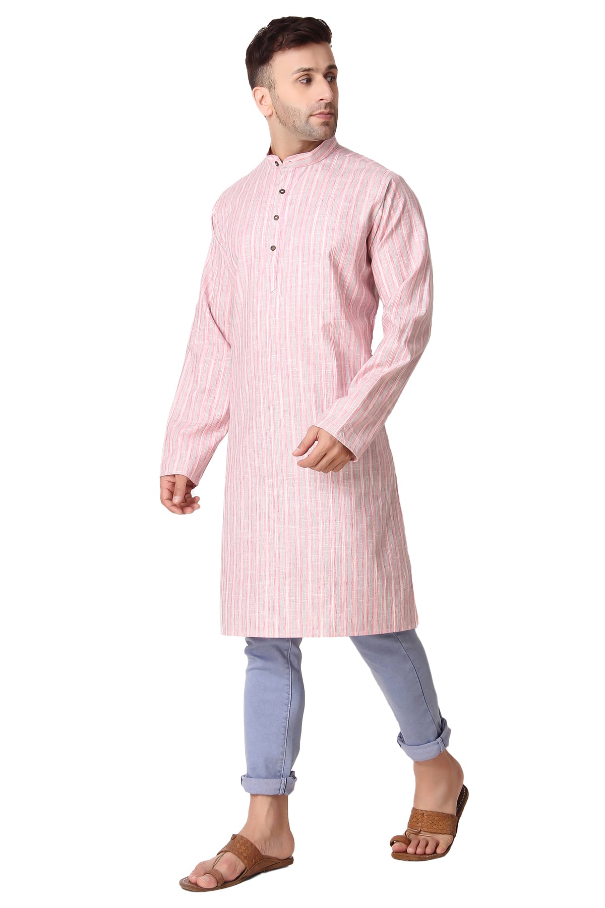 Men's pink striped cotton band collar knee-length kurta, collar and neckline detail.