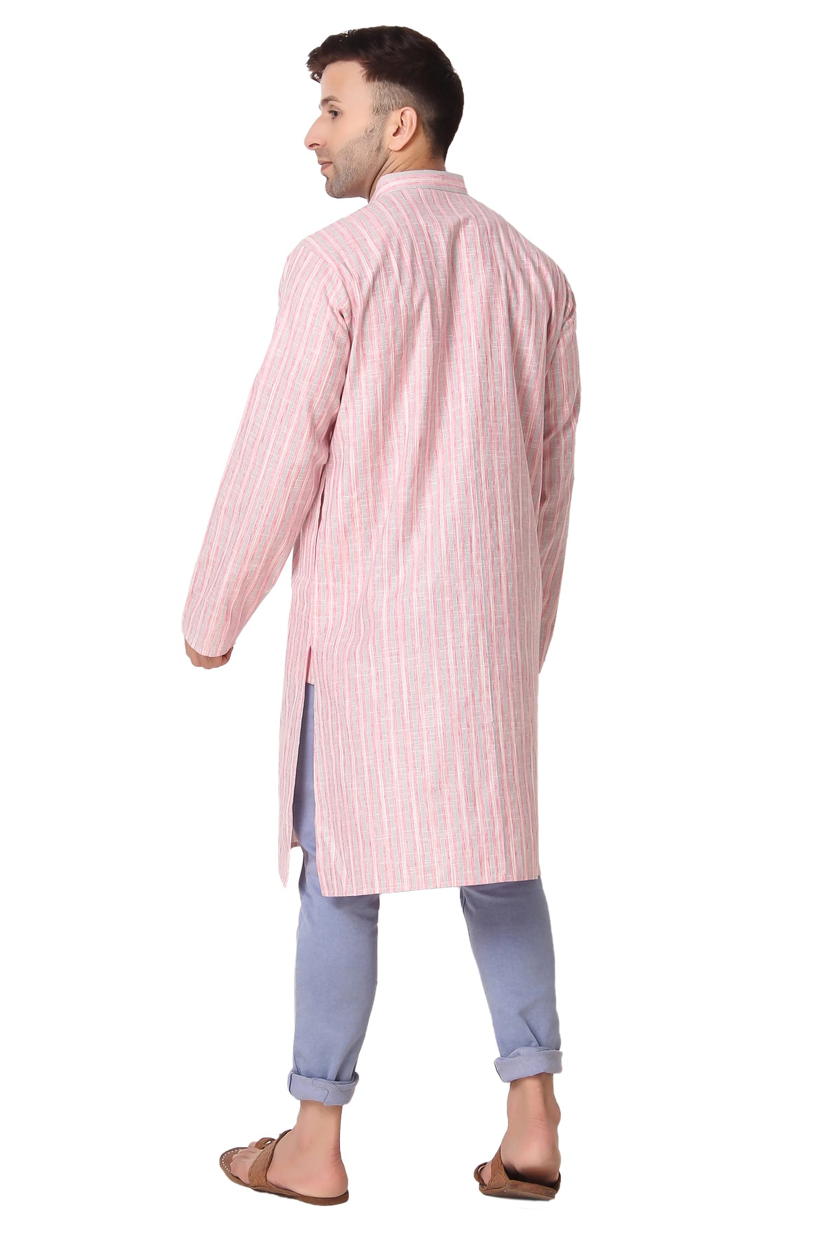 Men's pink striped cotton band collar knee-length kurta, fabric texture detail.