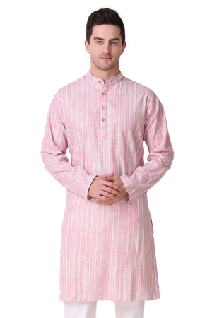 Men's pink striped cotton band collar knee-length kurta, front view.