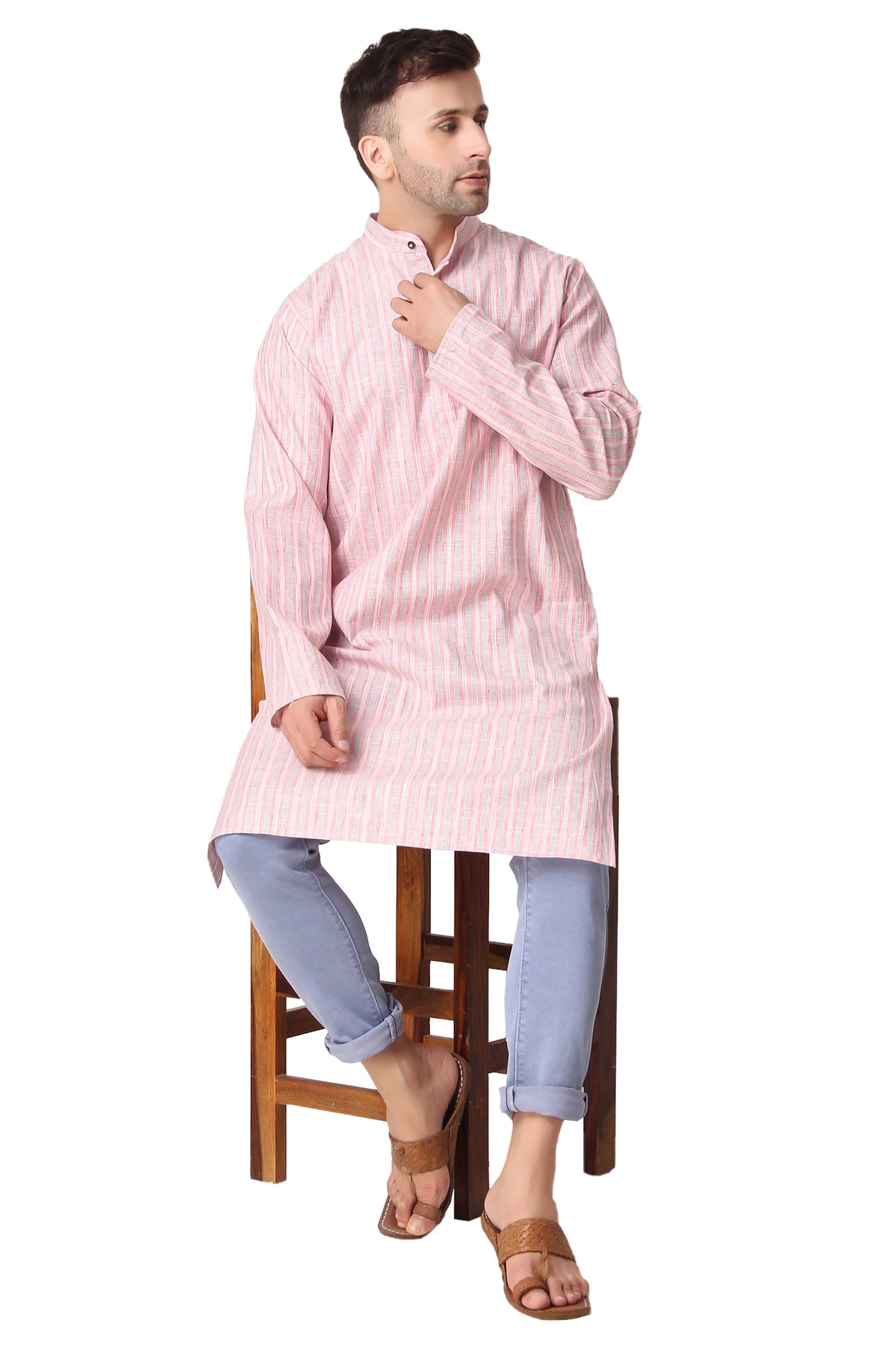 Men's pink striped cotton band collar knee-length kurta, front placket detail.