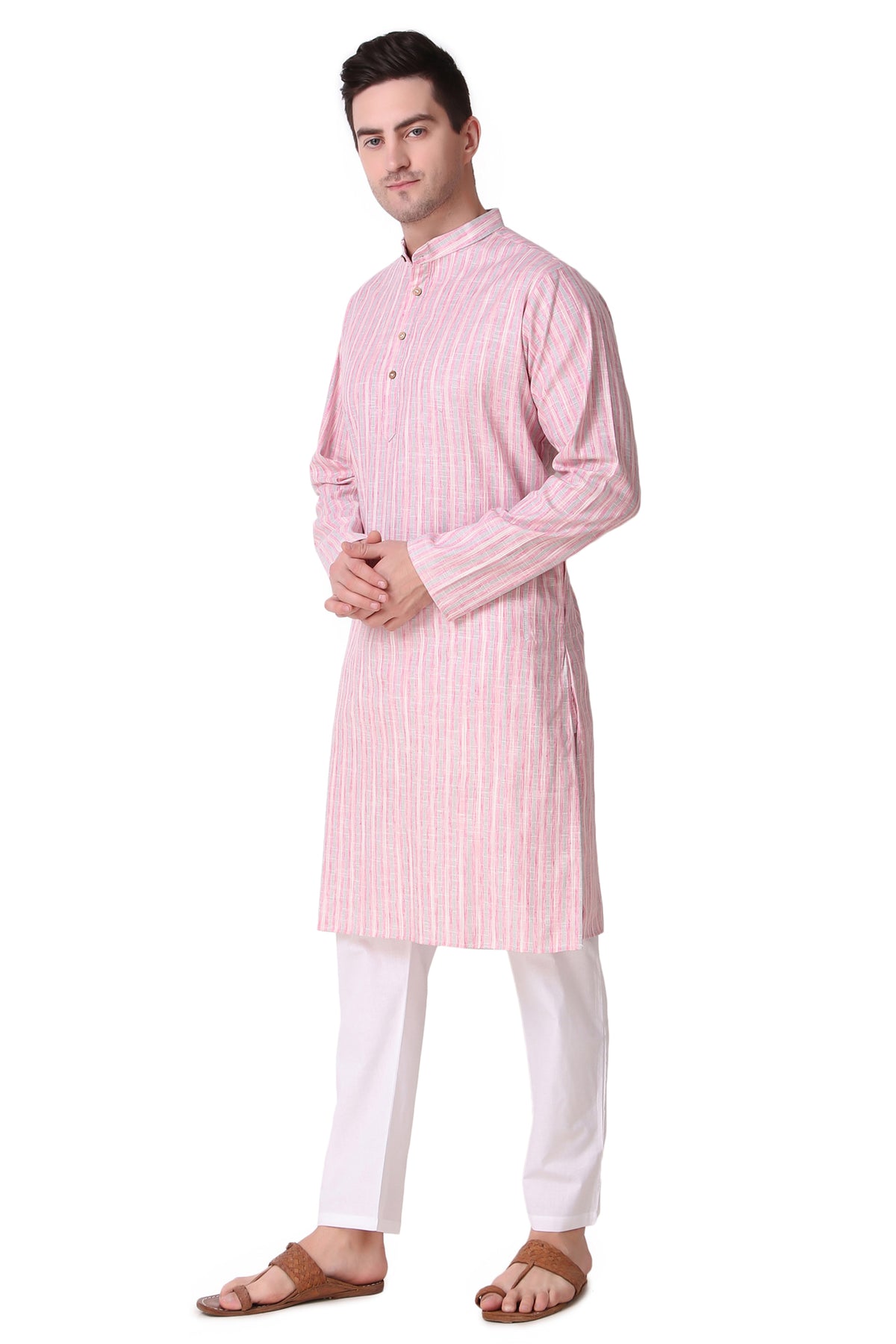 Men's pink striped cotton band collar knee-length kurta, side view.