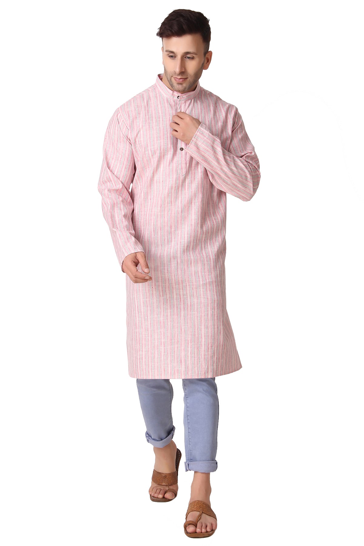 Men's pink striped cotton band collar knee-length kurta, styled product view.