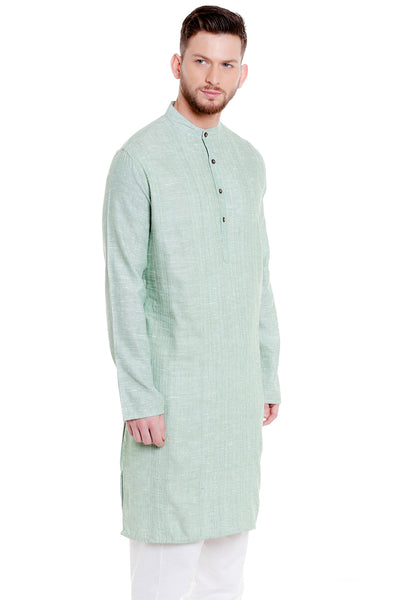 Men's pintucked cotton blend band collar knee-length kurta, alternate front view.