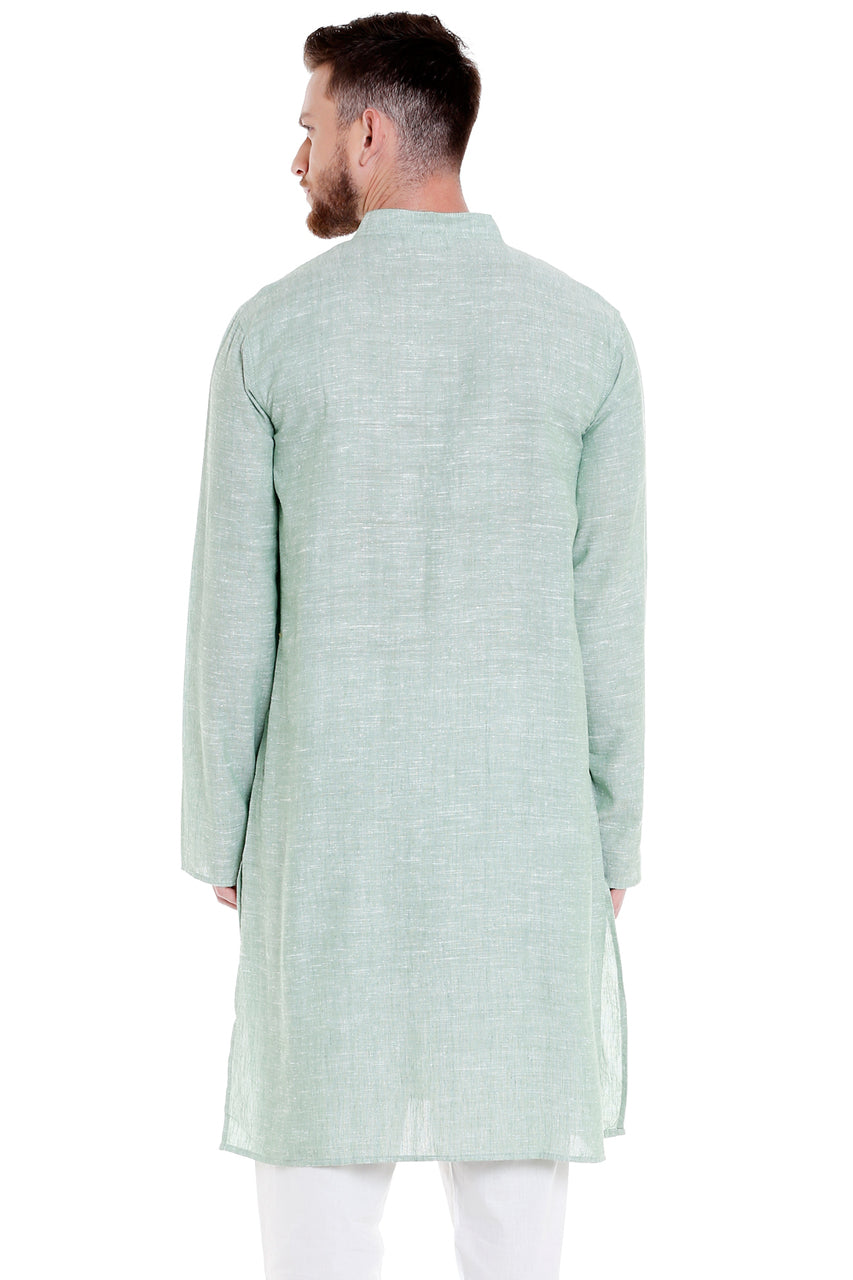 Men's pintucked cotton blend band collar knee-length kurta, alternate side view.