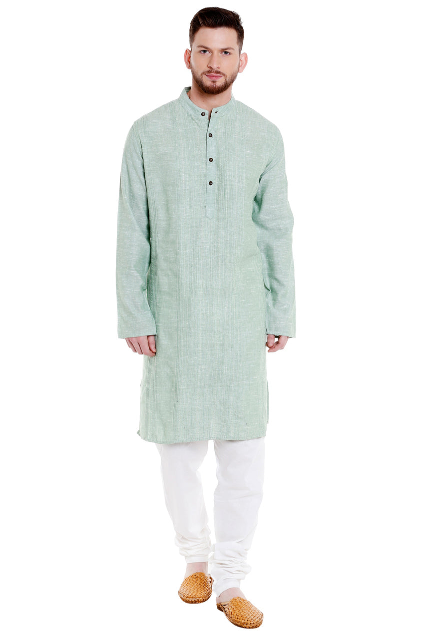 Men's pintucked cotton blend band collar knee-length kurta, back view.