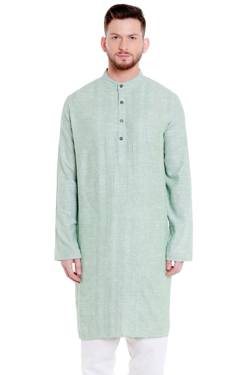Men's pintucked cotton blend band collar knee-length kurta, front view.