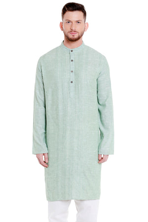 Men's pintucked cotton blend band collar knee-length kurta, front view.