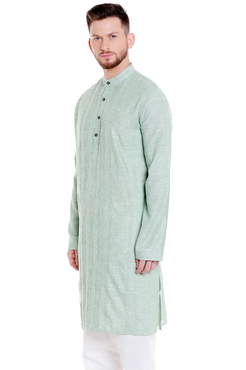 Men's pintucked cotton blend band collar knee-length kurta, side view.