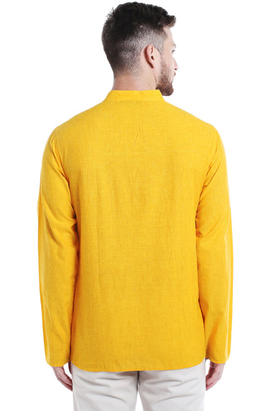 Men's pintucked linen-cotton knee-length kurta, alternate front view.