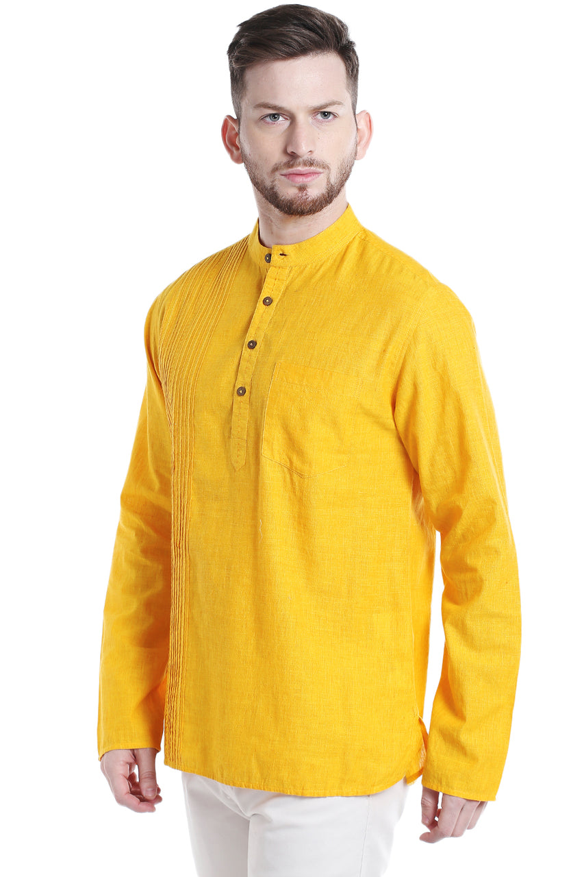 Men's pintucked linen-cotton knee-length kurta, alternate side view.