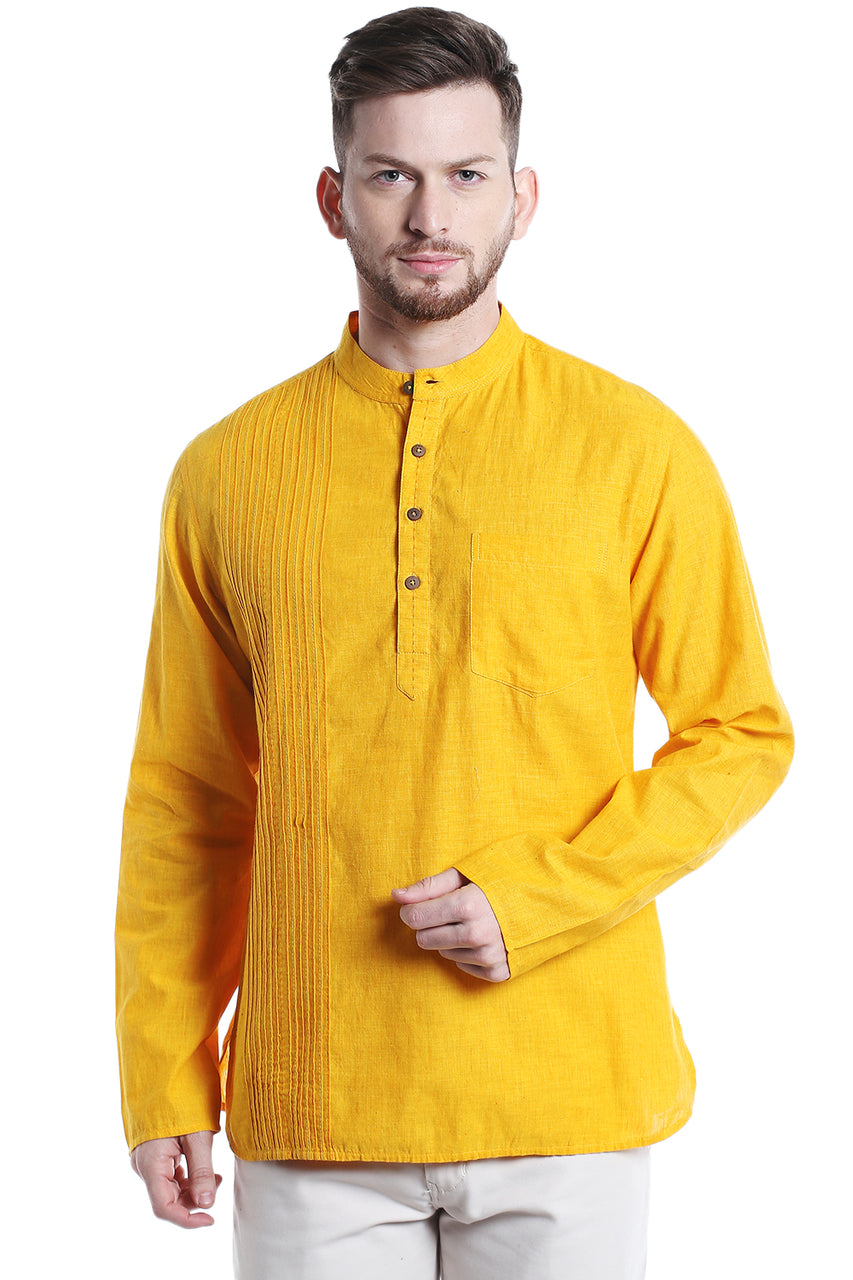 Men's pintucked linen-cotton knee-length kurta, front view.