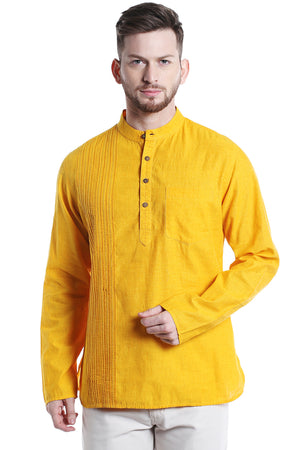 Men's pintucked linen-cotton knee-length kurta, front view.