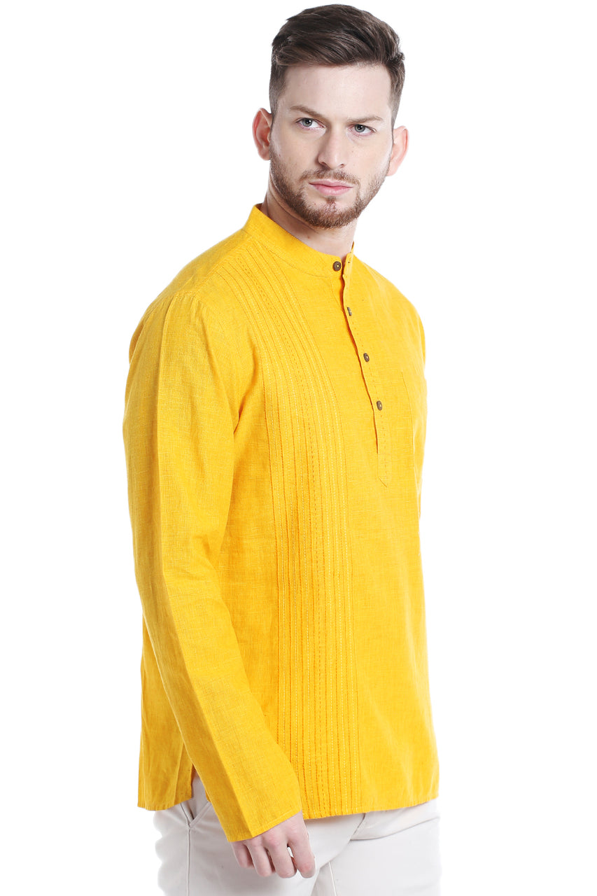 Men's pintucked linen-cotton knee-length kurta, side view.