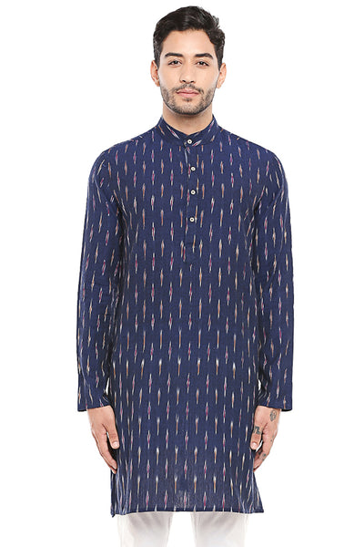 Men's printed cotton band collar knee-length kurta, alternate front view.