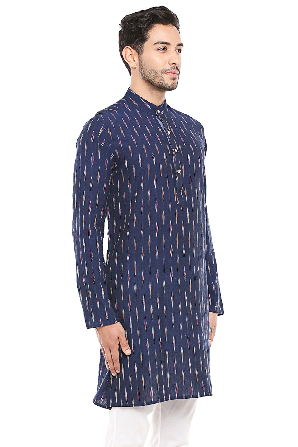 Men's printed cotton band collar knee-length kurta, alternate side view.