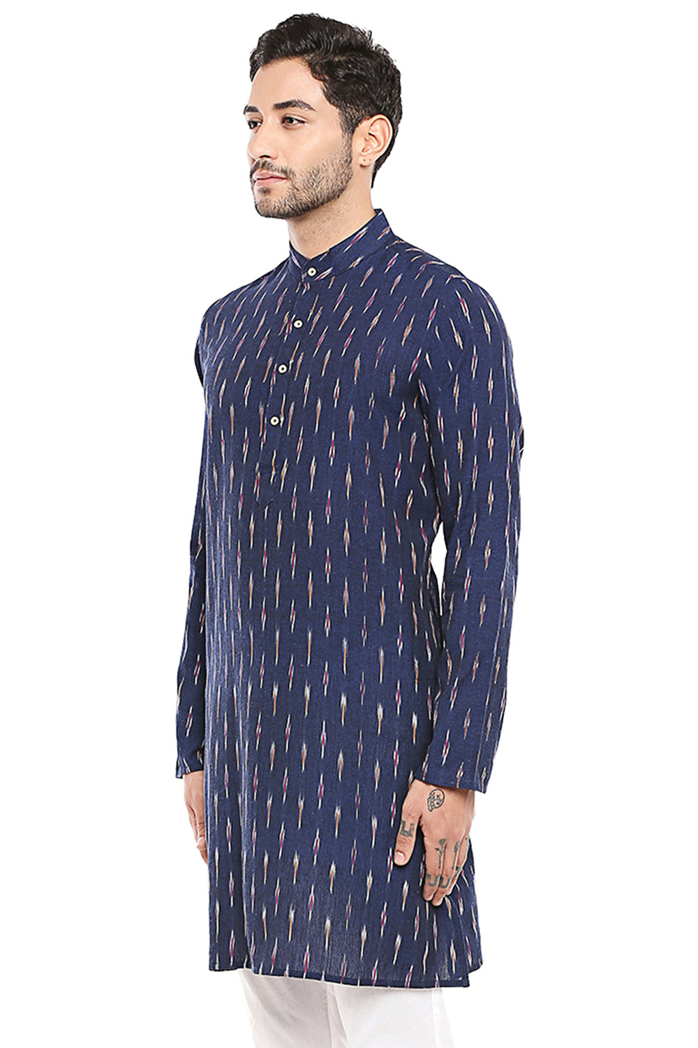 Men's printed cotton band collar knee-length kurta, back view.