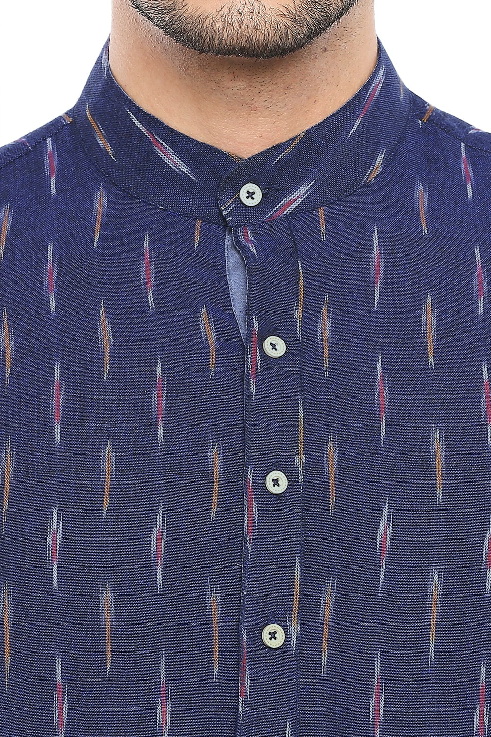 Men's printed cotton band collar knee-length kurta, close-up detail.